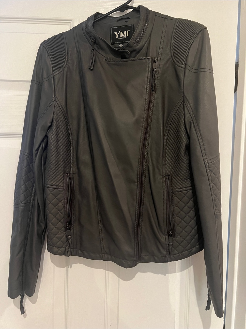 YMI Women's Dark Gray Quilted Faux-Leather Moto Jacket